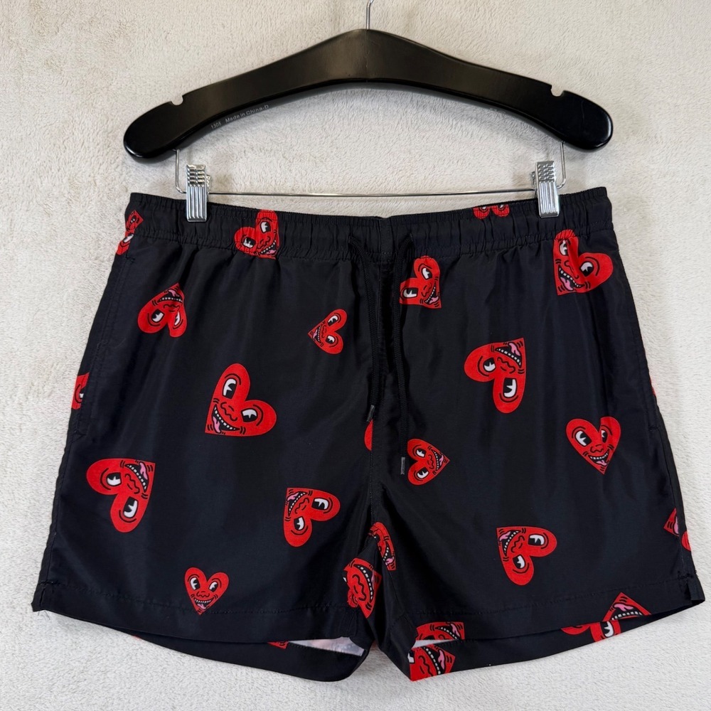 Keith Haring Ripple Junction Mens Swim Trunks Black Red Heart Pop Art Shorts M
